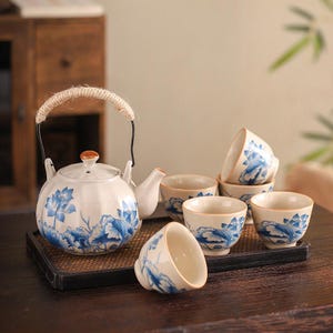 Blue Floral Ceramic Tea Set, Cintage Tea Set, Traditional Japanese Tea Set, 1 Teapot 6 Cups Tea Set, Kung Fu Tea Set, Gift For Tea Lovers