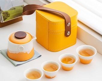 Portable Travel Tea Set, Outdoor Camping Kung Fu Tea, 1 Pot And 4 Cups Ceramic Tea Set, Japanese Tea Set, Teapot With Cups, Birthday Gift