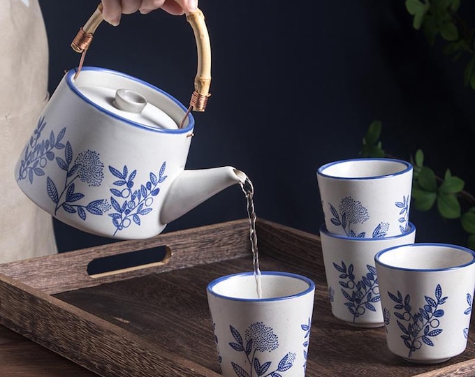 Blue and white porcelain tea set | Japanese tea set | Vintage hand-painted tea set | Teapot | Afternoon tea set | Housewarming gifts