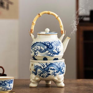 Vintage Dragon Ceramic Tea Set with Warmer: Kung Fu Tea