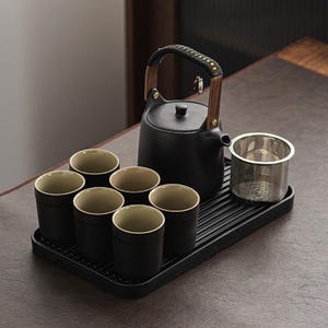 Black Vintage Ceramic Tea Set, Traditional Japanese Tea Set, Teapot Cups, Teapot With Infuser, Gift For Tea Lovers, Personalized Tea Set