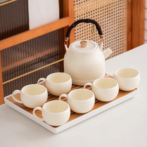 Keramisk teservis i krämfärgad stil, Enkel japansk teservis, Tekannakopp, Kung Fu-teservis, Afternoon tea-servis, Tekanna med handtag, Födelsedagspresent