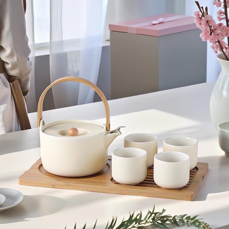 Cream Style Ceramic Tea Set, Simple Japanese Tea Set, Teapot With ...
