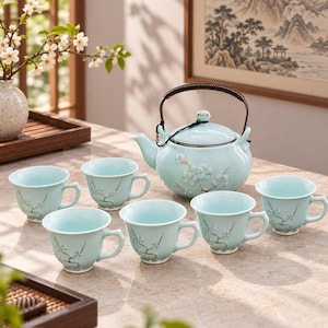 Japoński ceramiczny zestaw do herbaty z imbrykiem i filiżankami, ręcznie robiony imbryk z kwiatem śliwy z zaparzaczem, zestaw do herbaty Kung Fu, herbata liściasta, prezent świąteczny