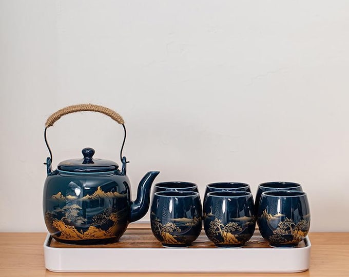 Dark Blue Landscape Ceramic Tea Set, Vintage Japanese Tea Set, Teapot Cup Set, Teapot With Infuser, Gift For Tea Lovers, Birthday Gift