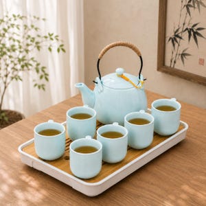 Juego de té de cerámica japonesa, servicio de té minimalista hecho a mano, juego de tetera y tazas, regalo para amantes del té, regalo de inauguración de casa, decoración para fiestas de té