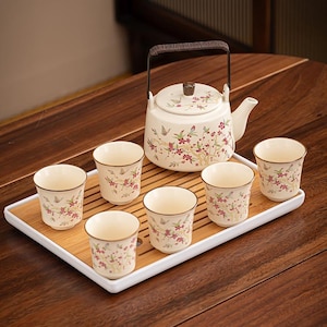 Vintage keramisk teservis, tekanna med teinfusionsglas, japansk teservis, blomkannakopp, kung fu-teservis, eftermiddagsteservis, julklapp