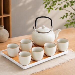 Beiges japanisches Keramik-Teeservice, minimalistische Teekanne und Teetassen, elegantes asiatisches Teeservice, traditionelles Teegeschirr, Geschenk zur Hochzeit oder zum Geburtstag