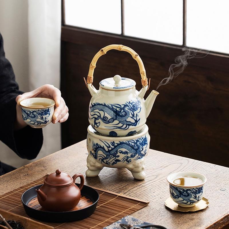 Vintage Qinglong Ceramic Tea Set, Teapot Warmer, Japanese Tea Set