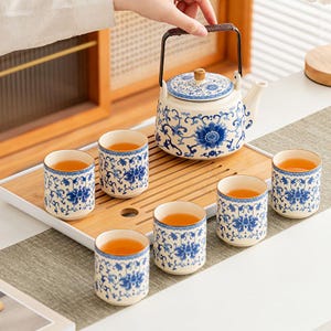 Vintage Ceramic Tea Set, Teapot Cups, Traditional Japanese Tea Set, Afternoon Tea Set, Flower Teapot, Cups, Tray, Housewarming Gift