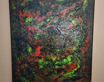 Arte moderno abstracto contemporáneo "Holly" colorido abstracto de la pared - uno de un tipo verde rojo vibrante pintura texturizada acrílica original firmada