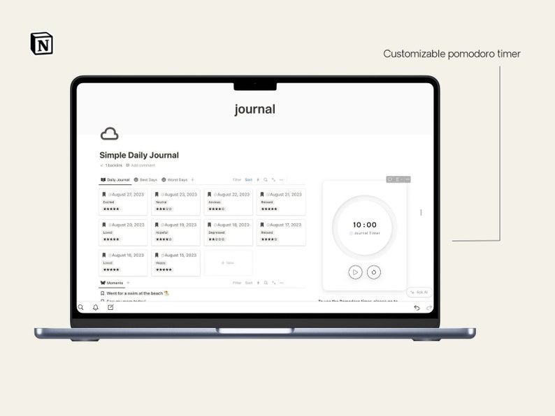 Timer Journal Format Minimal Notion Journal | Journal Template | Daily Journaling | Digital ...