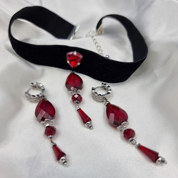 Black Velvet Choker Velvet Necklace with Red Pendant Gothic Necklace Blood Drop Crystal Pendant Drop Earrings Red Earrings Drop Pendant