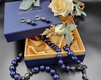 Blue Mallorca pearl jewelry set Mallorca pearl necklace Large Mallorca pearl necklace Blue Mallorca pearl bracelet Mallorca pendant necklace