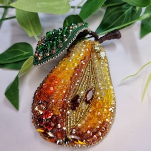 Jewelry Pear Embroidered Brooch Beaded Brooch  Embroidery Botanical Brooch Shawl Clip Pear Scarf Clip