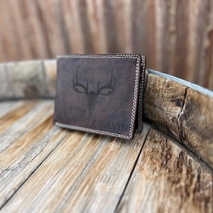 Cartera de cuero RFID personalizada con grabado de bisonte genuino. Regalo de aniversario para él, esposo, novio, hombres, papá.