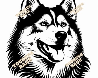 May include: Black and white illustration of a husky dog with a friendly expression. The dog's fur is detailed with lines to show texture. The dog's tongue is sticking out.