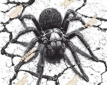 May include: A black and white illustration of a tarantula spider on a cracked, dry surface. The spider has hairy legs and a large, round body.