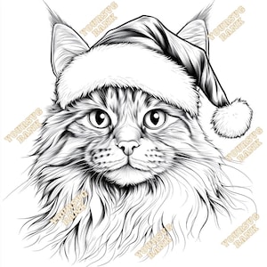 Chat Maine Coon festif avec bonnet de Noel art numérique - fichiers PNG et SVG de haute qualité | Clipart chat de Noël pour travaux manuels, cadeaux et décoration