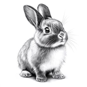 Può includere: Un disegno a matita in bianco e nero di un coniglio con grandi orecchie e una coda soffice. Il coniglio è seduto sulle zampe posteriori e guarda in alto.