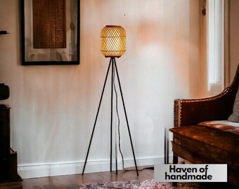 Handwoven Tripod Floor Lamp Bamboo Rattan Modern Standing Lamp with Black Metal Legs Industrial Vintage Farmhouse Tall Floor Lights