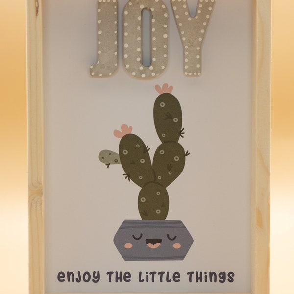 Wandbild aus Holz mit Betonbuchstaben, Kaktus, "JOY" "Enjoy the little things"