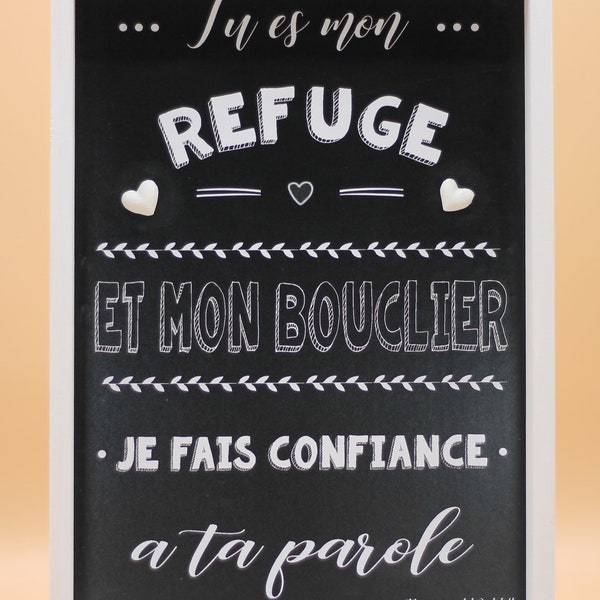 Tableaux Christian décoratifs avec cœurs en ciment blanc. "You are a refugee and a bouclier can trust these words"
