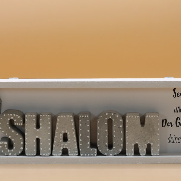 Christliches Wandbild aus Holz mit Betonbuchstaben "SHALOM" "Sei getröstet und im Frieden, der Gott Israels wird deine Bitte erfüllen"