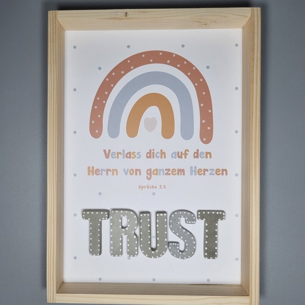 Christliche Wandbilder aus Holz mit Betonbuchstaben, "TRUST" personalisierbar mit Name "Verlass dich auf den Herrn von ganzem Herzen"