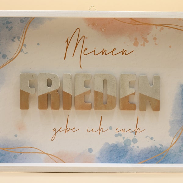 Christliches Wandbild aus Holz mit Betonbuchstaben "FRIEDEN", "Meinen Frieden gebe ich euch"