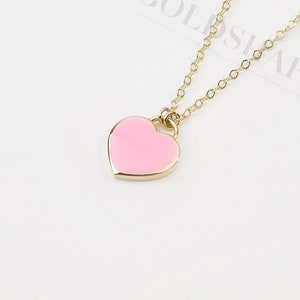 14K Gold Heart Necklace With Pink Enamel, Heart Necklace, Heart Charm Necklace, Enamel Neckace, Gold Necklace, Heart Shape Necklace, 14K.