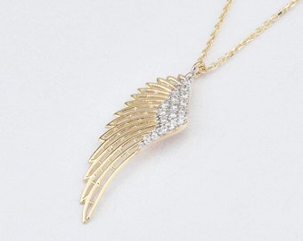 14K Gold Angel Wing Necklace, Gold Angel Necklace, Angel Wing Charm Necklace, Wing Necklace, Angel Necklace, 14K Gold Necklace.