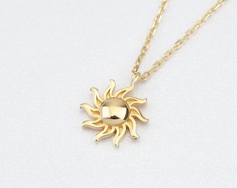 14K Gold Sun Necklace, Gold Sun Necklace, Sun Charm Necklace, Calestial Necklace, Sunshine Necklace, 14K Gold Necklace, Sun Symbol Necklace.