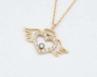 14K Gold Angel Necklace, Gold Angel Wing Necklace, Angel Charm Necklace, Wing Necklace, Angel Necklace, 14K Gold Necklace.