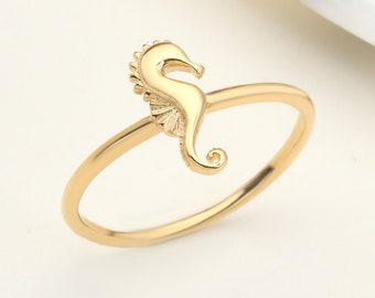 14K Gold Seahorse Ring, Gold Seahorse Ring, Animal Ring, Lucky Seahorse Ring, Seahorse Charm Ring, Seahorse Ring, 14K Gold Ring.