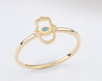 Anillo Hamsa de 14 quilates, anillo Hamsa de oro, anillo Nazar, anillo de mano, anillo con dije de Hamsa, anillo con símbolo de Hamsa, anillo de oro de 14 quilates, anillo de mal de ojo, anillo de protección.