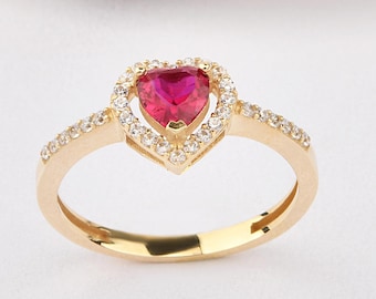 14K Gold Ruby Heart Ring, Gold Heart Ring, Ruby Ring, Heart Cut Ruby Ring, Heart Ring, 14K Gold Ring, July Birthstone Ring, Heart Shape Ring