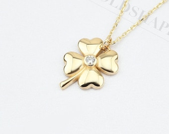 Klee Gold Halskette, 14K Gold Klee Halskette, 4 Blatt Klee Halskette, Florale Halskette, Glücksklee Halskette, Blumen Halskette, 14K Gold.