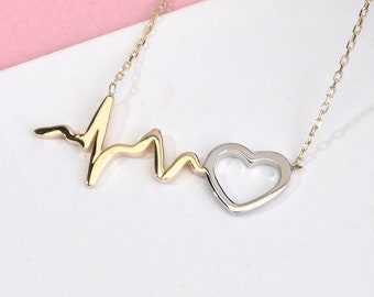 14K ゴールド ハートビート ネックレス、ハート リズム ネックレス、ハート ネックレス、恋人へのギフト、14K ゴールド ネックレス、ハートビート ネックレス、ハート ゴールド ネックレス。
