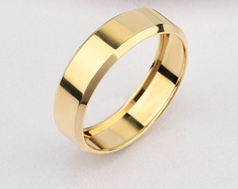 5mm Flat 14K-18K Gold Wedding Band, Diamond Cut Corners Band, Gold Polished Ring, Free Engrave, Comfort Wedding Band, Gold Engagement Ring.