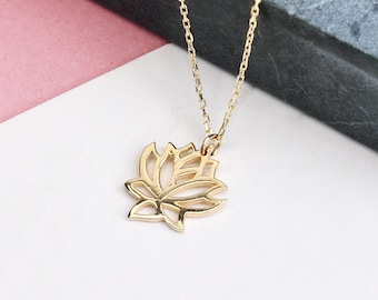 14K Gold Lotus Necklace, Lotus Flower Necklace, Lotus Necklace, Floral Necklace, Flower Necklace, Lotus Charm Necklace, 14K Gold Necklace.