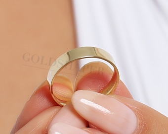 4mm Flat 14K-18K Gold Wedding Band, Gold Polished Ring, Free Laser Engrave, Comfort Wedding Band, Gold Engagement Ring, Gold Wedding Ring.