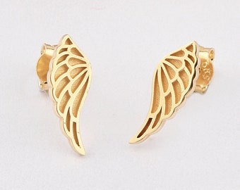 14K Gold Angel Wing Earrings, Wing Gold Earrings, Angel Wing Earrings, Angel Earrings, Wing Shape Gold Earrings, 14K Gold Stud Earrings.