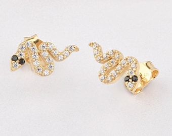 14K Gold Snake Earrings, Snake Gold Earrings, Snake Charm Earring, Serpent Earrings, Snake Earring, Snake Animal Earrings, 14K Gold Earrings