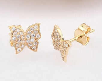 14K Gold Butterfly Earrings, Butterfly Gold Earrings