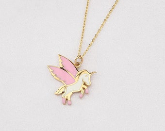 14K Gold Pegasus Necklace With Enamel, Gold Pegasus Necklace, Horse Necklace, Horse Gold Necklace, 14K Gold Necklace, Pegasus Charm Necklace