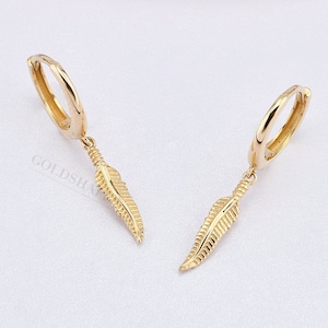 14K Gold Feather Hoop Earrings, Gold Feather Earrings, Gold Hoop Earrings, Feather Earrings, 14K Gold Hoop Earring, Gold Feather.