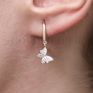 14K Gold Butterfly Hoop Earrings, Gold Butterfly Earrings, Butterfly Earrings, Gold Hoop Earrings, Animal Earrings, Butterfly Earring.