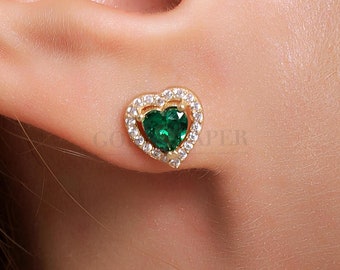 14K Gold Heart Emerald Earrings, Heart Gold Earrings, Heart Earrings, Emerald Earrings, Emerald Stud Earrings, Emerald Heart Gold Earrings.