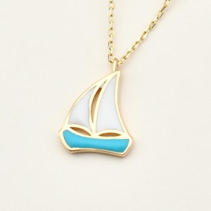 14K Gold Sailboat Necklace With Enamel, Gold Sailboat Necklace, Sailboat Necklace, Boat Necklace, Sailing Sport Necklace, 14K Gold Necklace.